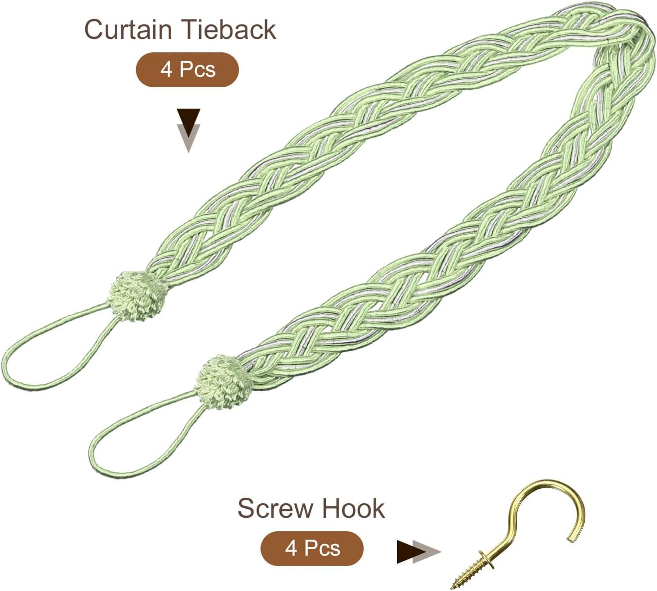 Uxcell 4Pcs Curtain Tiebacks with 4 Metal Hooks Green Silver