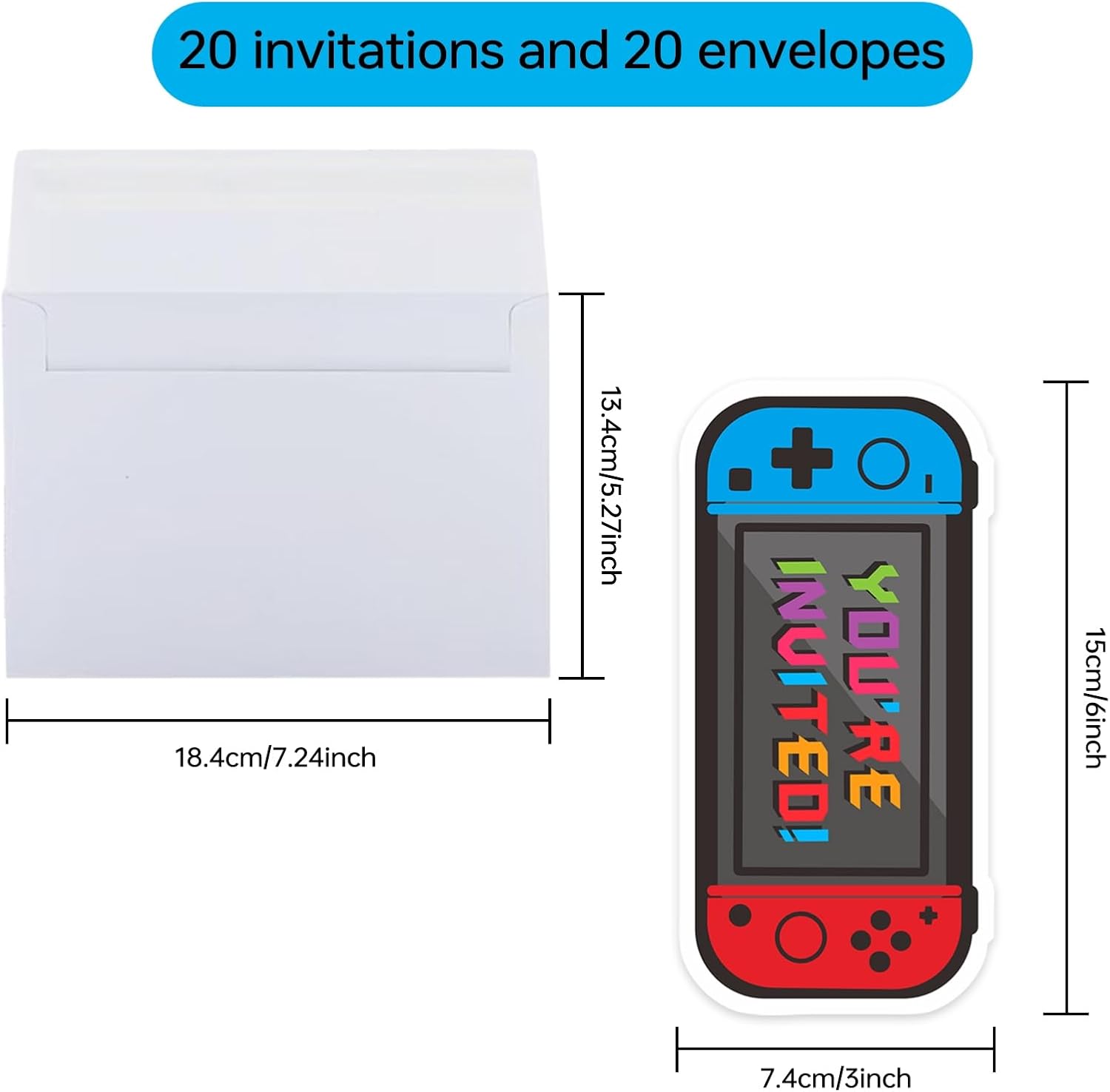 Video Game Birthday Invites 3x6 Inch Double Sided with 20 Envelopes