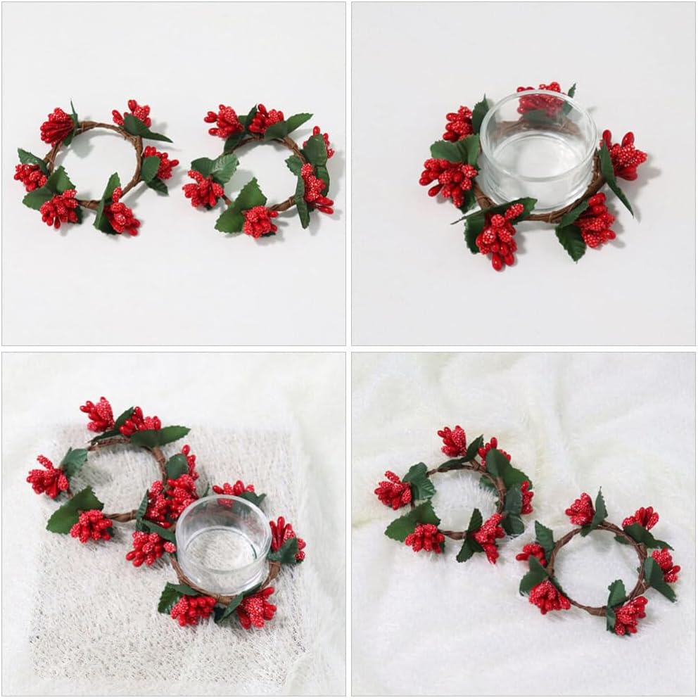 VOSAREA 5pcs Christmas Candle Holders with Pine Berry Wreath Design