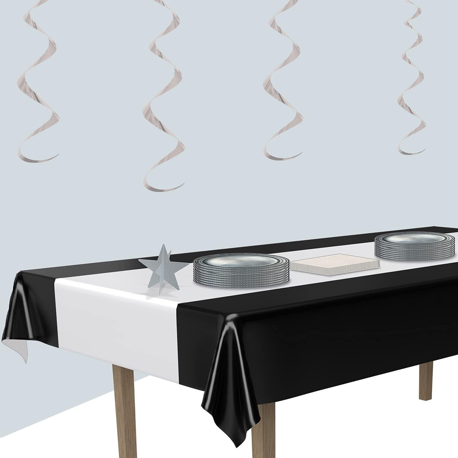 Beistle Black and Silver Striped Table Cover for Awards Night