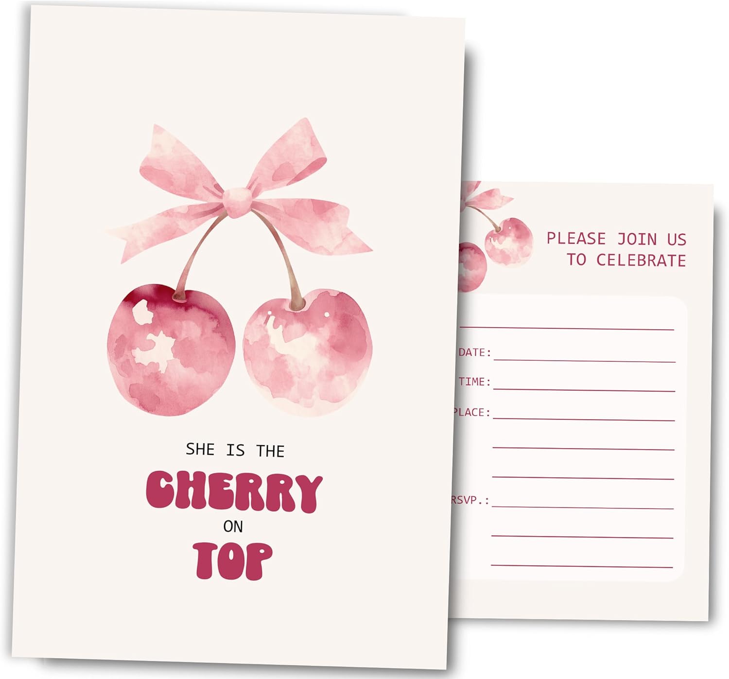 Pink Bow Cherry Birthday Invitations for Girls 4x6 30 Sets