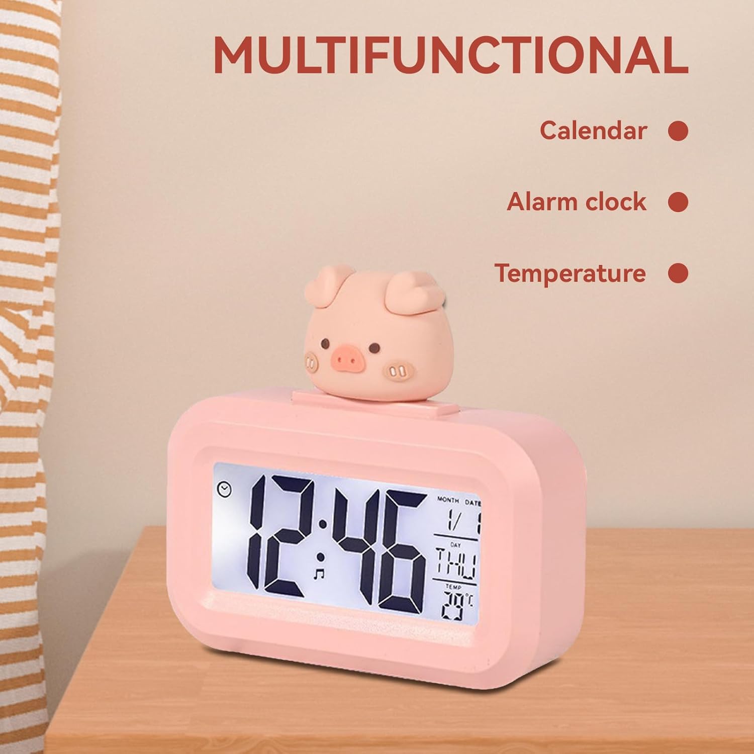 Cyrank Kawaii Alarm Clock for Kids Bedroom Digital Clock with Large Numbers Pink