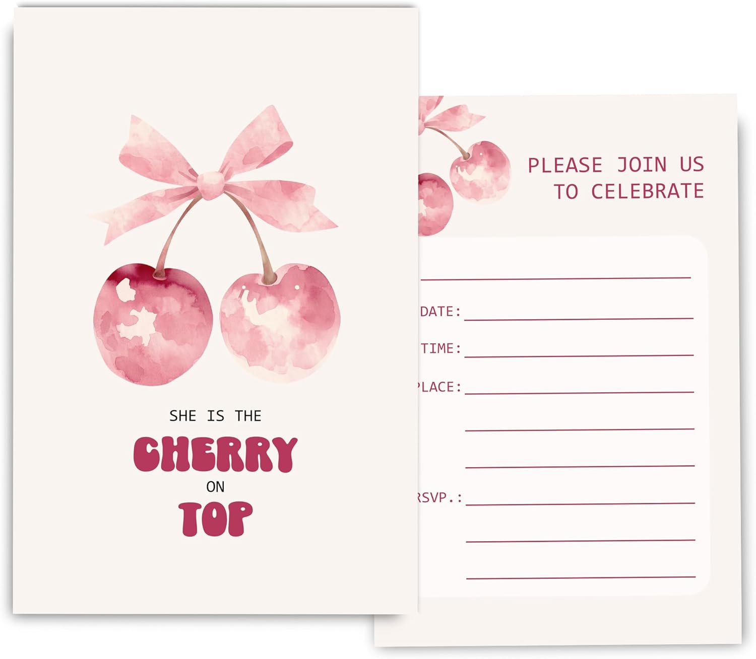 Pink Bow Cherry Birthday Invitations for Girls 4x6 30 Sets