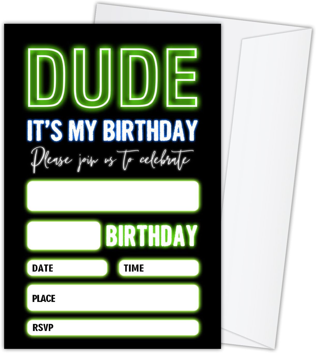 20 Neon Glow Birthday Invites with Envelopes for Boys