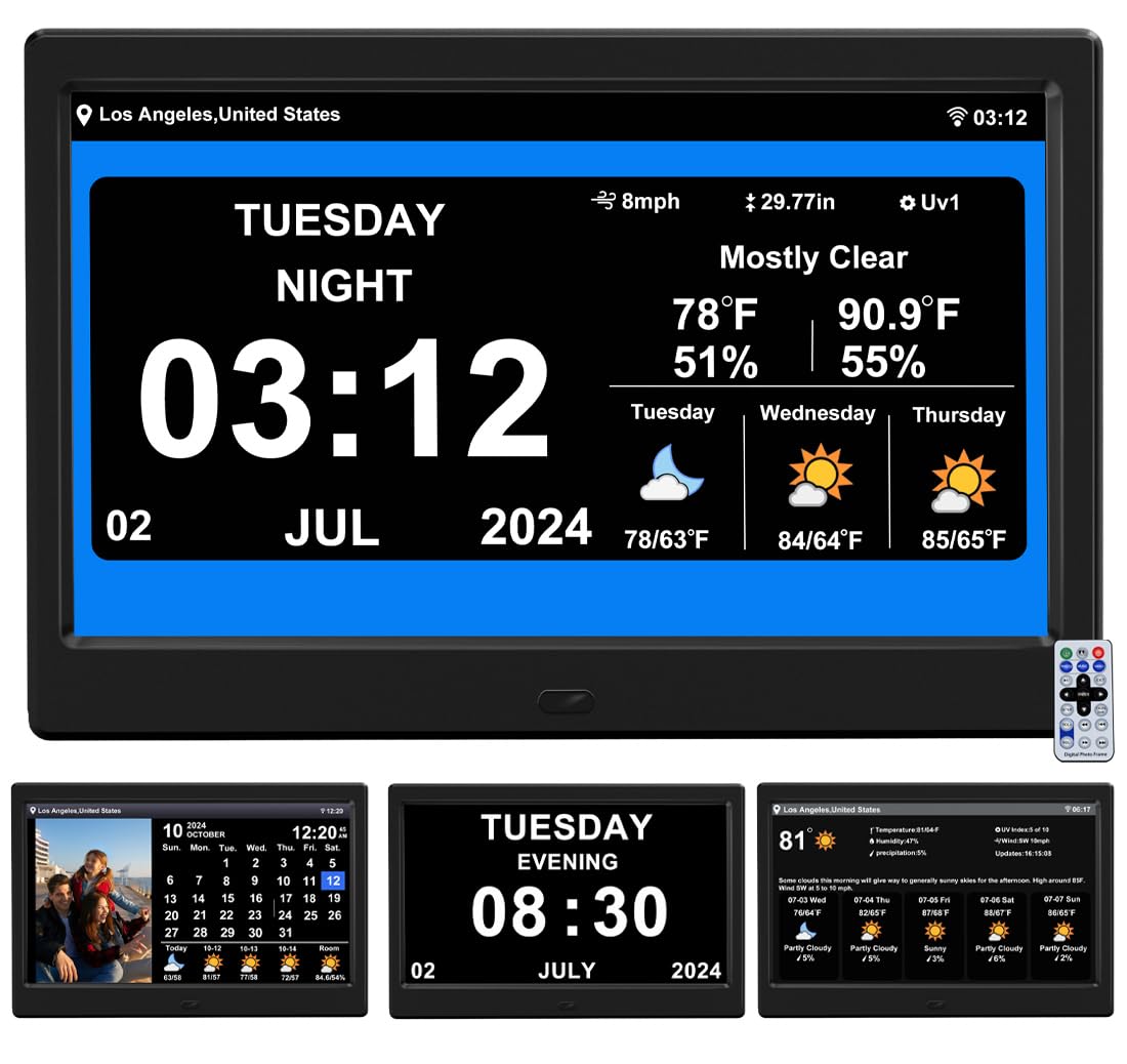 TIMEMOON 10 Inch Digital Calendar Clock with 8 Alarms and Weather Display