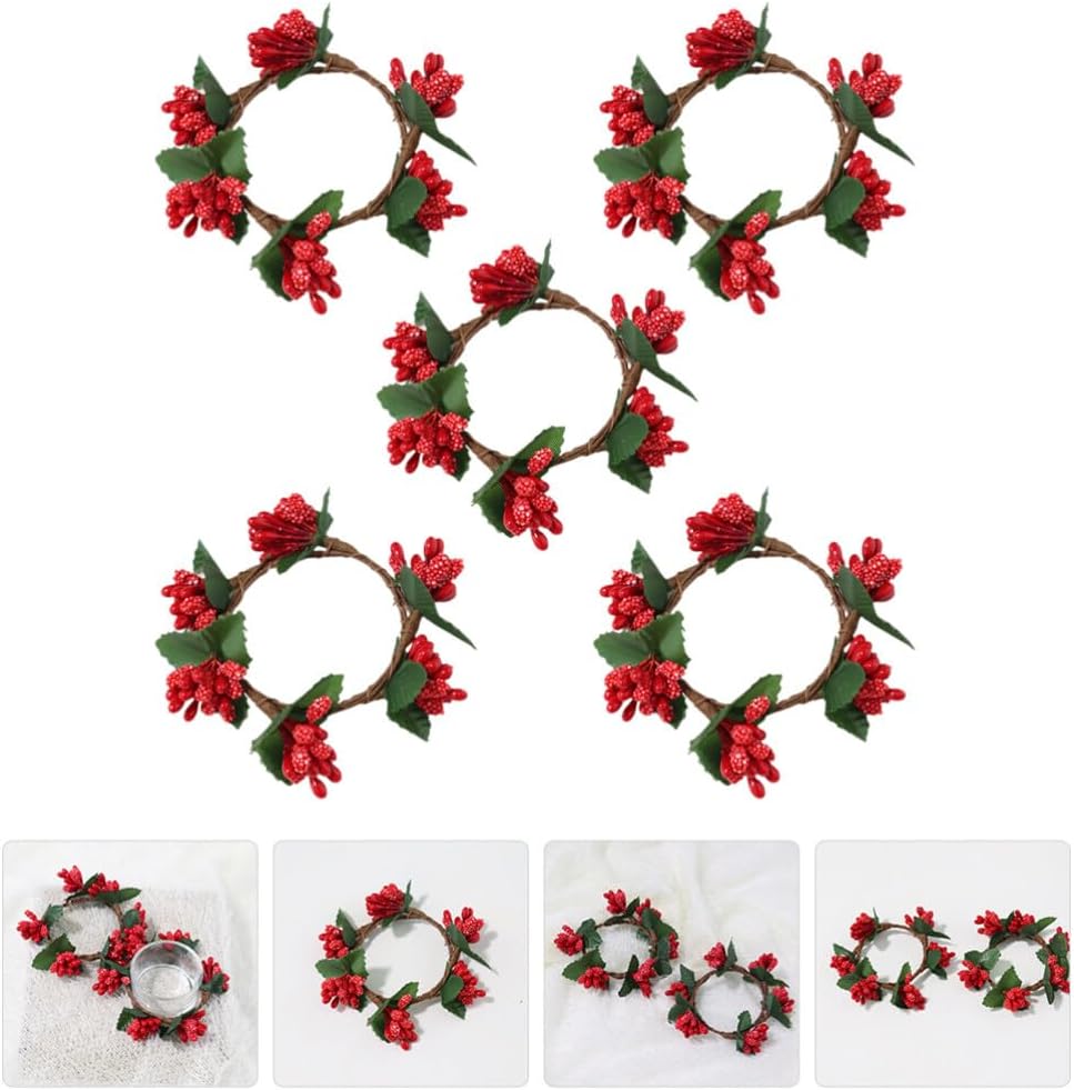 VOSAREA 5pcs Christmas Candle Holders with Pine Berry Wreath Design