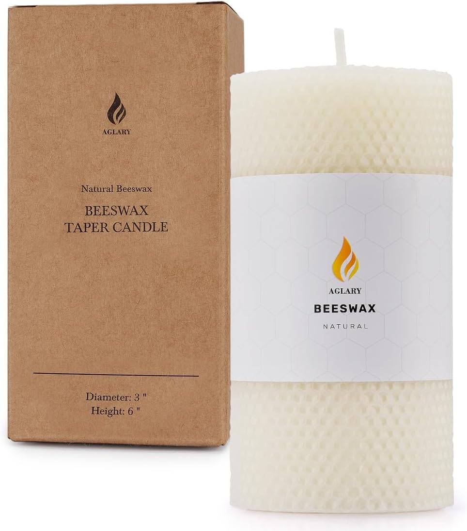AGLARY 3 Pack 6 Inch Beeswax Pillar Candles White Unscented Dripless Smokeless