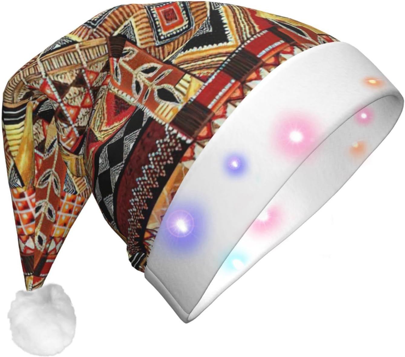 African Textile Patchwork Print LED Christmas Hat for Adults