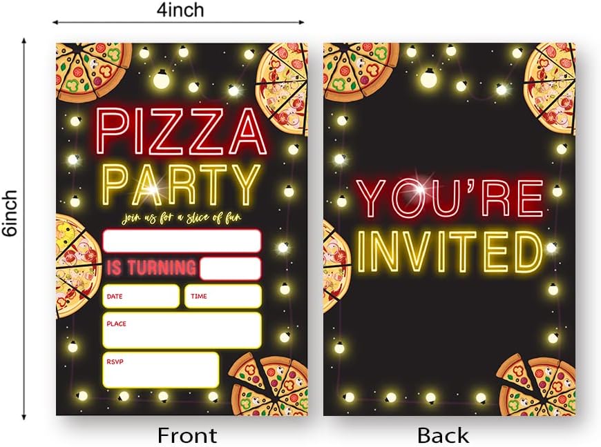 Glow Neon Pizza Birthday Invitations Set of 20