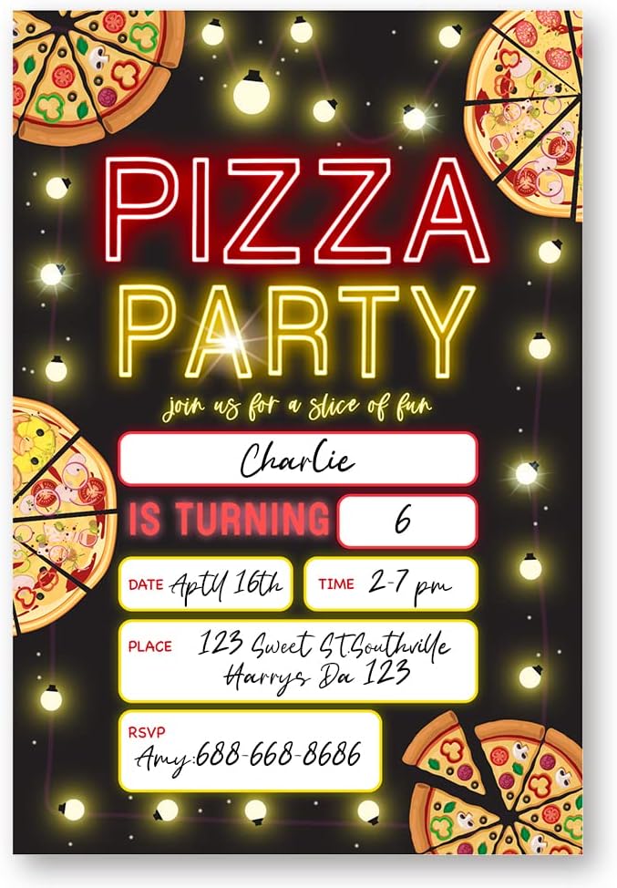 Glow Neon Pizza Birthday Invitations Set of 20