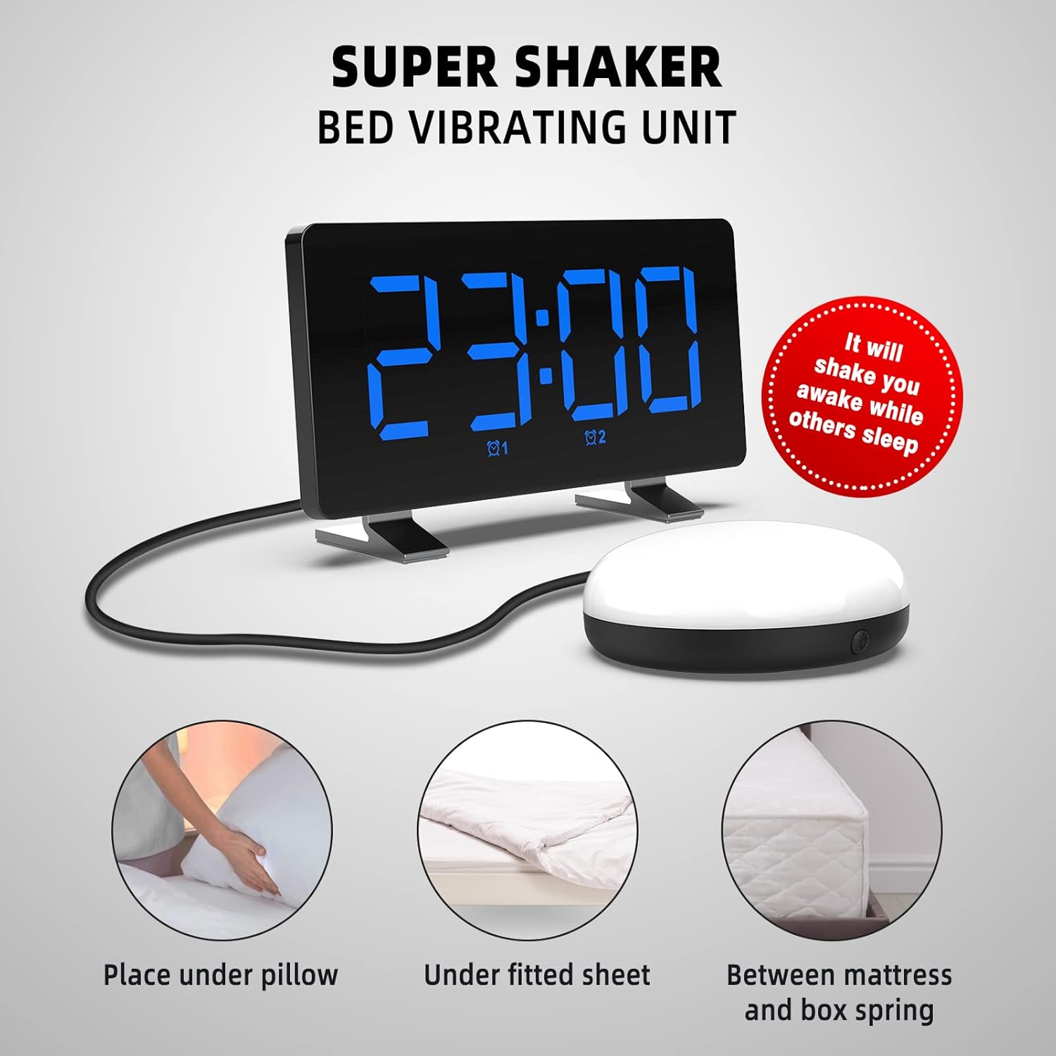 Extra Loud Vibrating Alarm Clock with Bed Shaker