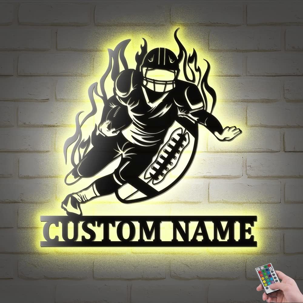 Custom Football Player V4 Metal Wall Art with LED Lights