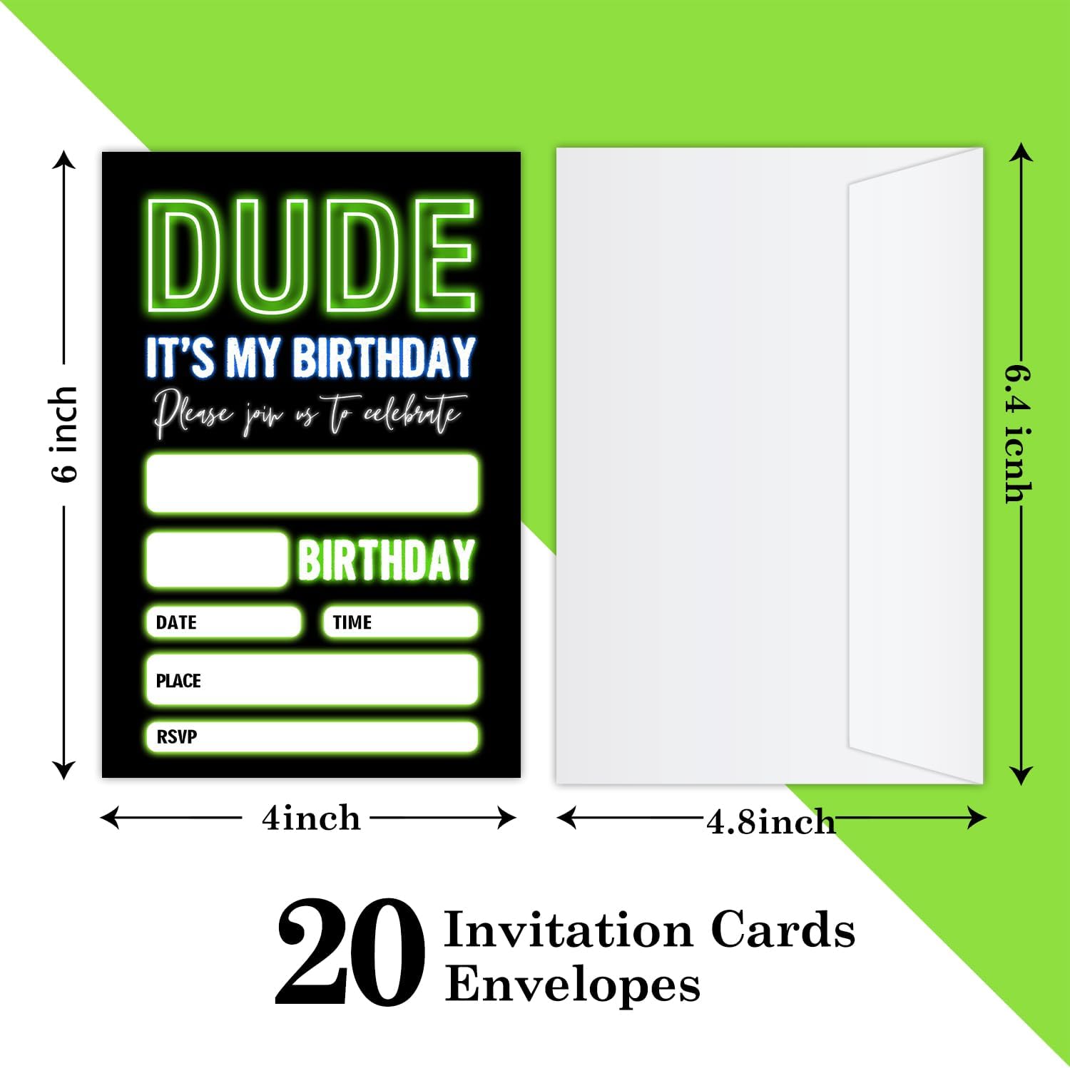 20 Neon Glow Birthday Invites with Envelopes for Boys