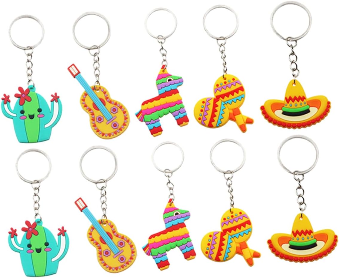 Uonlytech 10pcs Mexican Keychains Cactus Hat Guitar Maraca Party Favors
