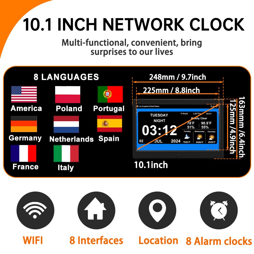 TIMEMOON 10 Inch Digital Calendar Clock with 8 Alarms and Weather Display