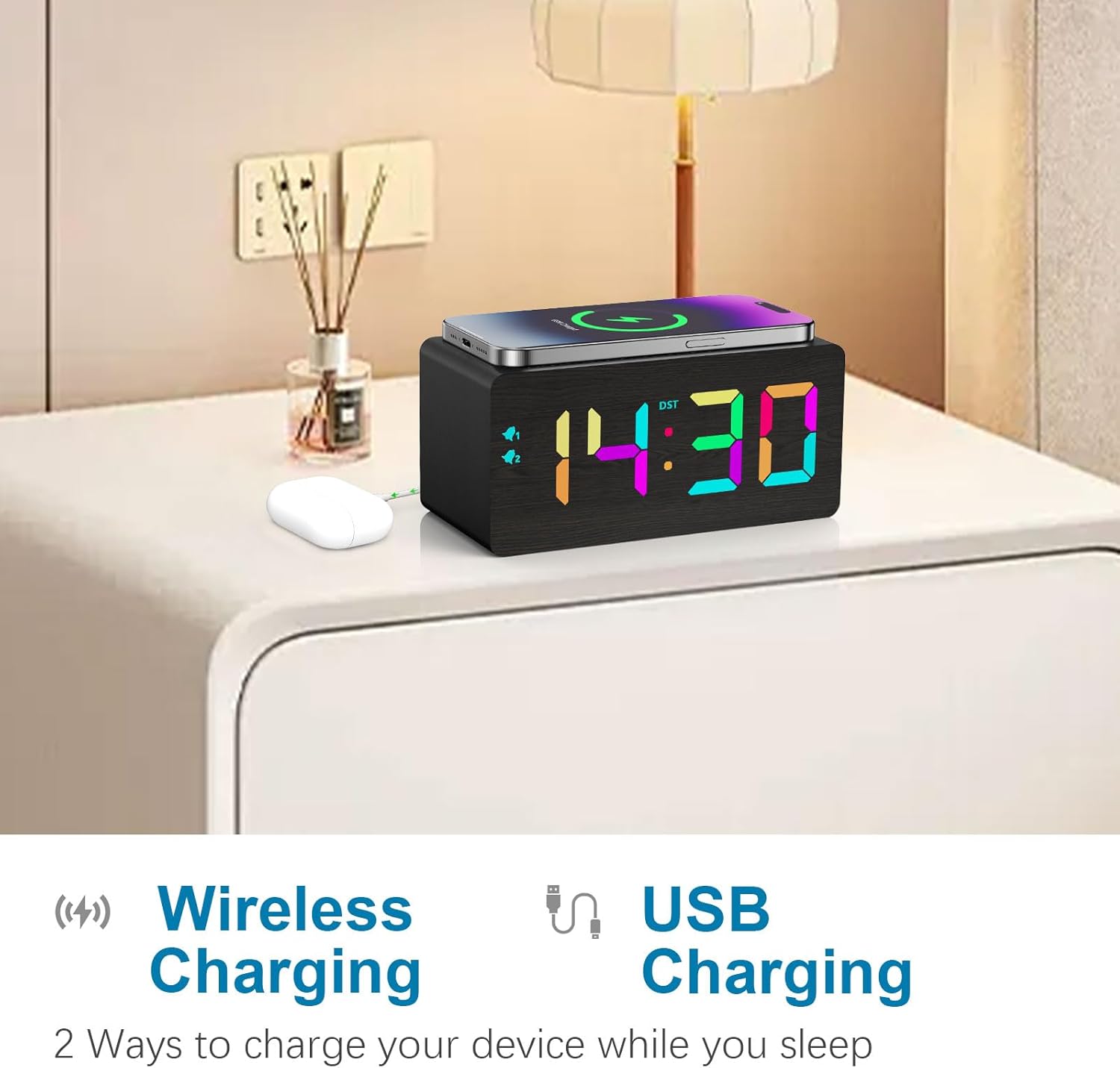 Wooden Digital Alarm Clock with RGB Display and Dual USB Charging Ports