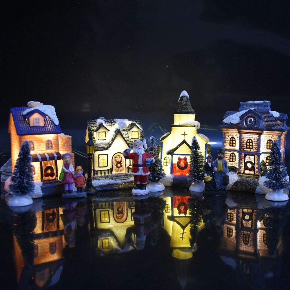 Forart 10Pcs Resin Christmas Village Set with LED Lights