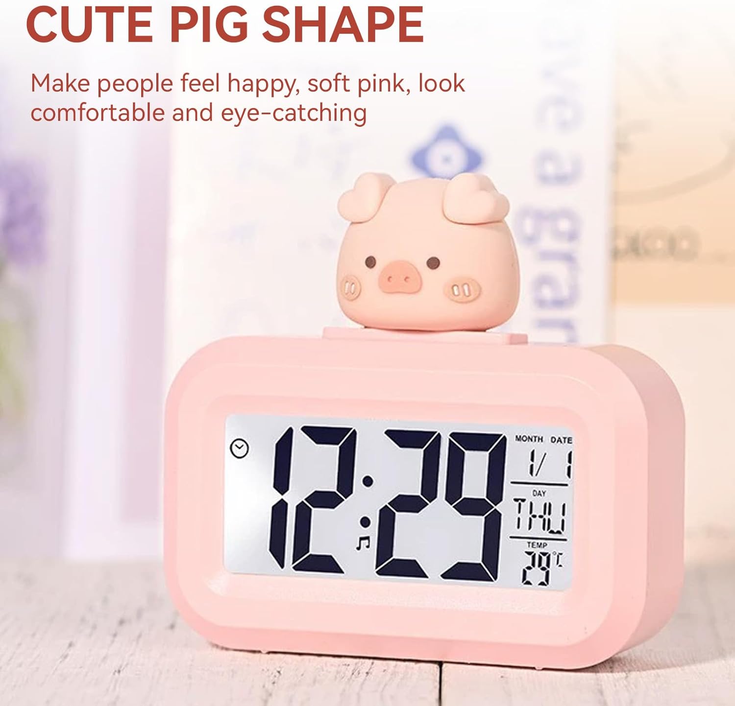 Cyrank Kawaii Alarm Clock for Kids Bedroom Digital Clock with Large Numbers Pink