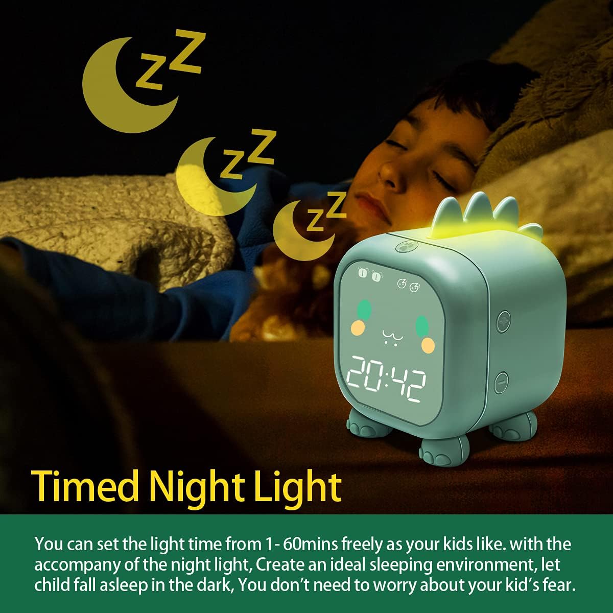 Kids Dinosaur Alarm Clock with Wake Up Light and Night Light USB Charging