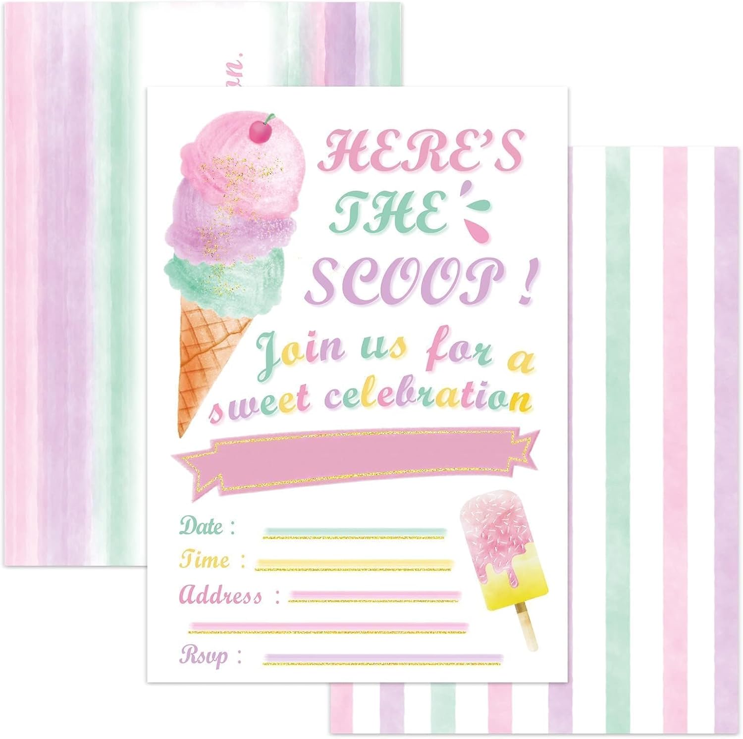 WERNNSAI Ice Cream Party Invitations with Envelopes - 20 Sets