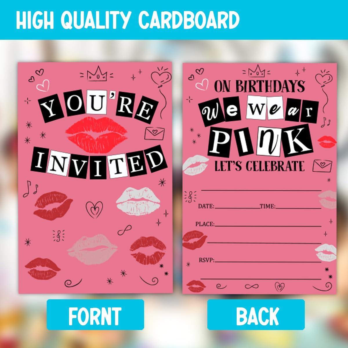 Pink Themed Birthday Party Invitations Set 30 Cards Envelopes