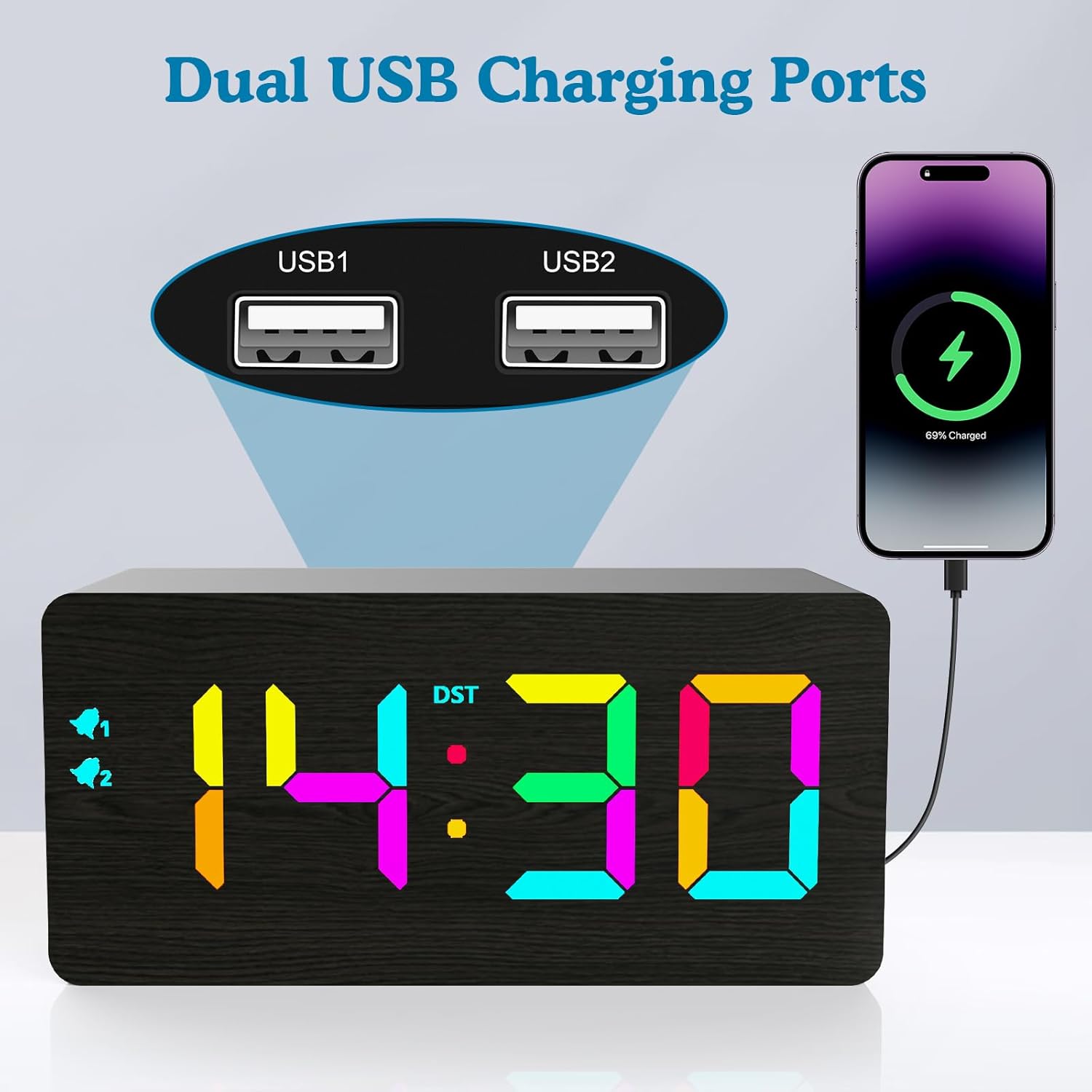 Wooden Digital Alarm Clock with RGB Display and Dual USB Charging Ports