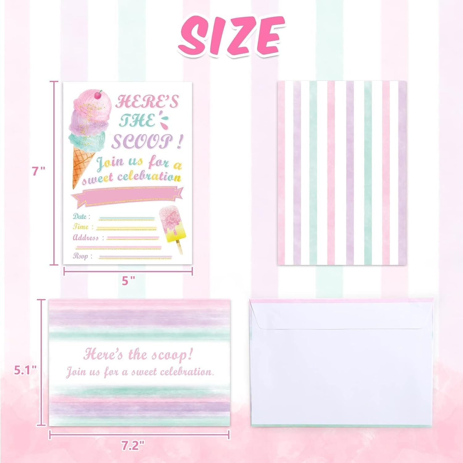 WERNNSAI Ice Cream Party Invitations with Envelopes - 20 Sets