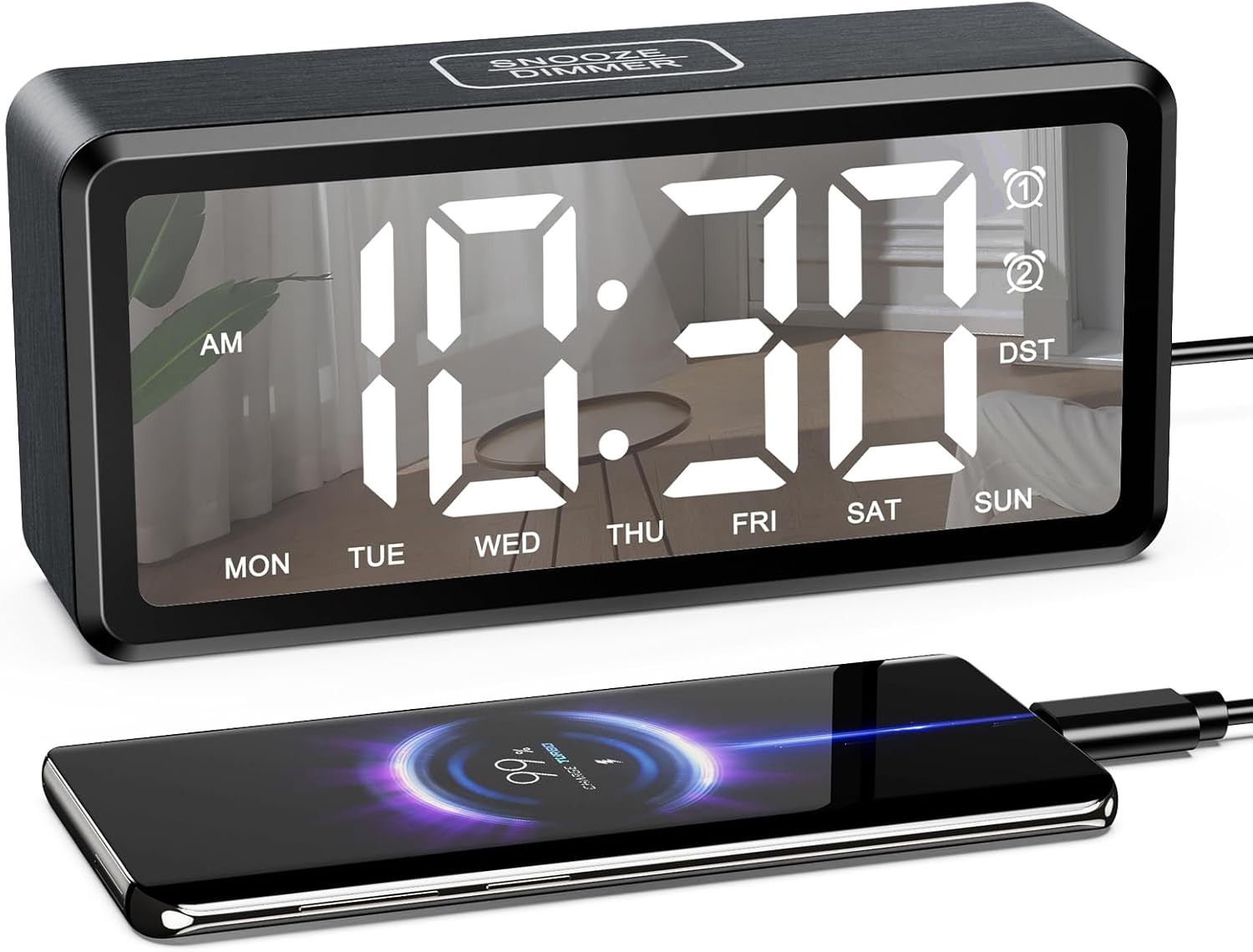 AMIR Wooden Alarm Clock with 2 Alarms and USB Charging