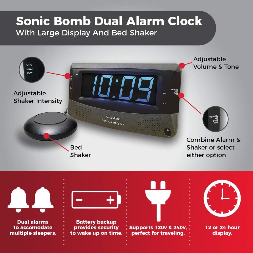 Sonic Alert Dual Extra Loud Alarm Clock with Bed Shaker