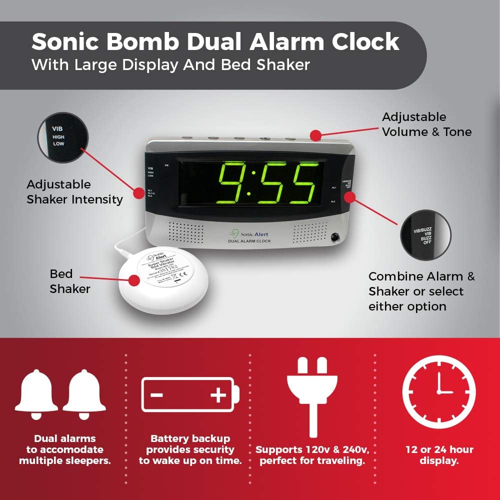 Sonic Alert Dual Alarm Clock with Shaker and Large Display