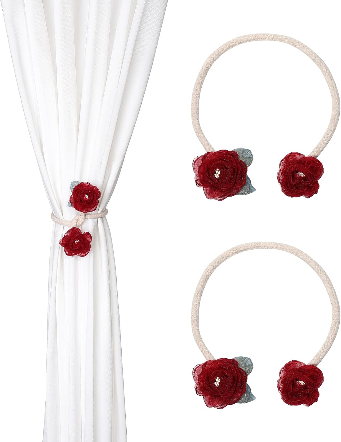 Handmade Artificial Rose Flower Curtain Holdbacks Wine Red