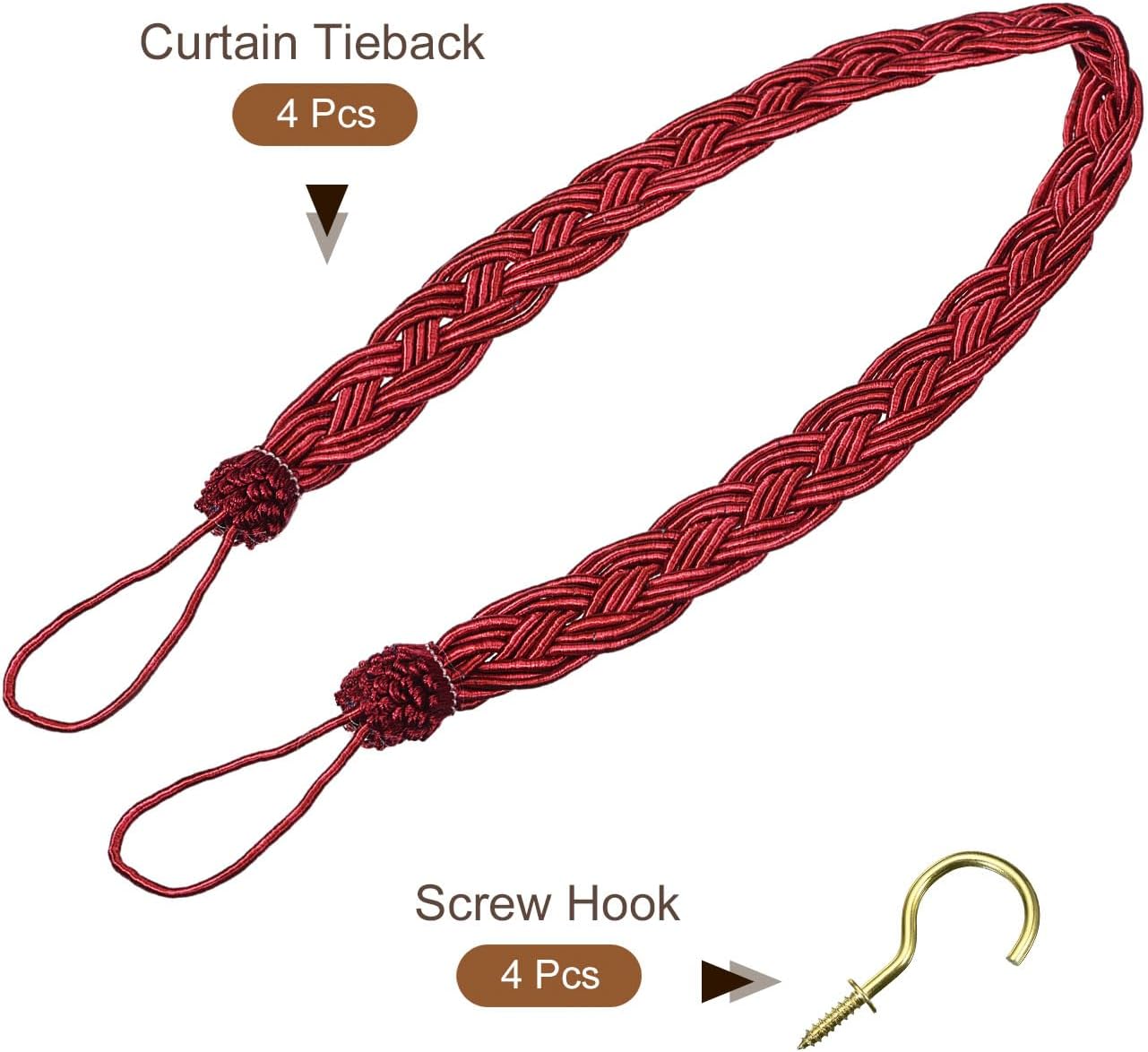 Uxcell 4Pcs Curtain Tiebacks Red 58cm Braided Holdback