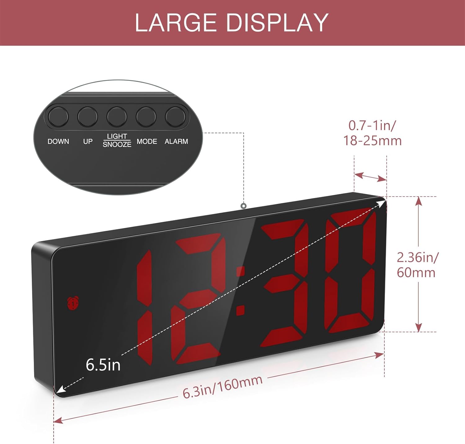 LOFICOPER 65 Inch LED Alarm Clock with USB Port