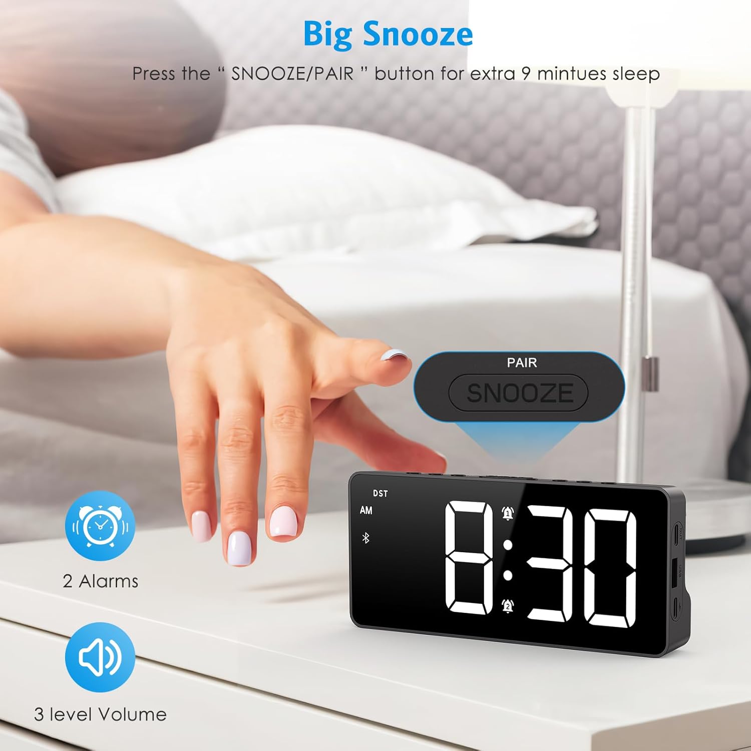 AMIR Alarm Clock for Bedroom with Bluetooth Sync and USB Charging