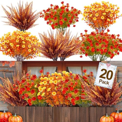 20 Bundles Artificial Fall Flowers for Outdoor Decorations