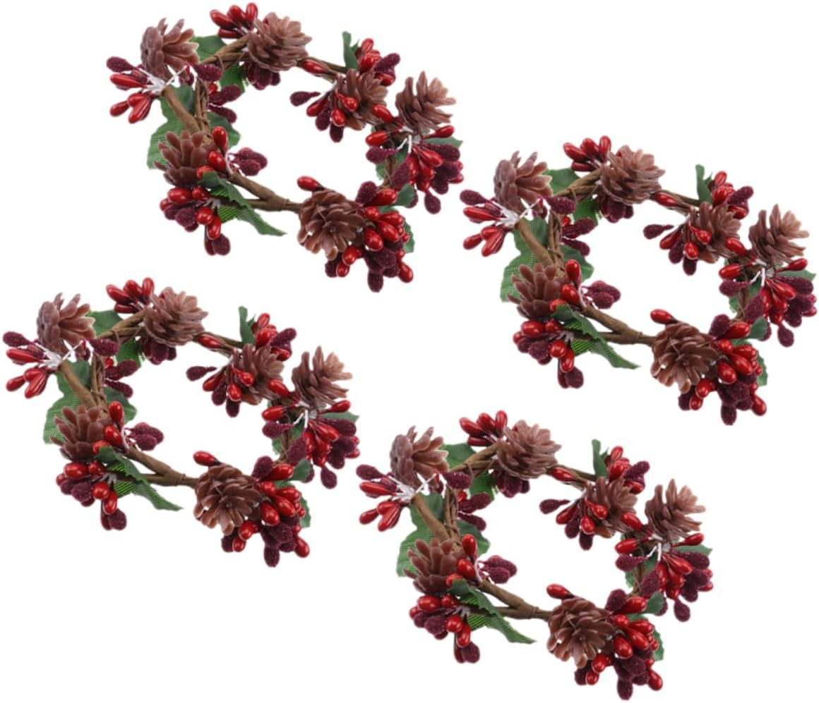 4pcs Christmas Candle Pine Cones and Berries Holiday Decor Set