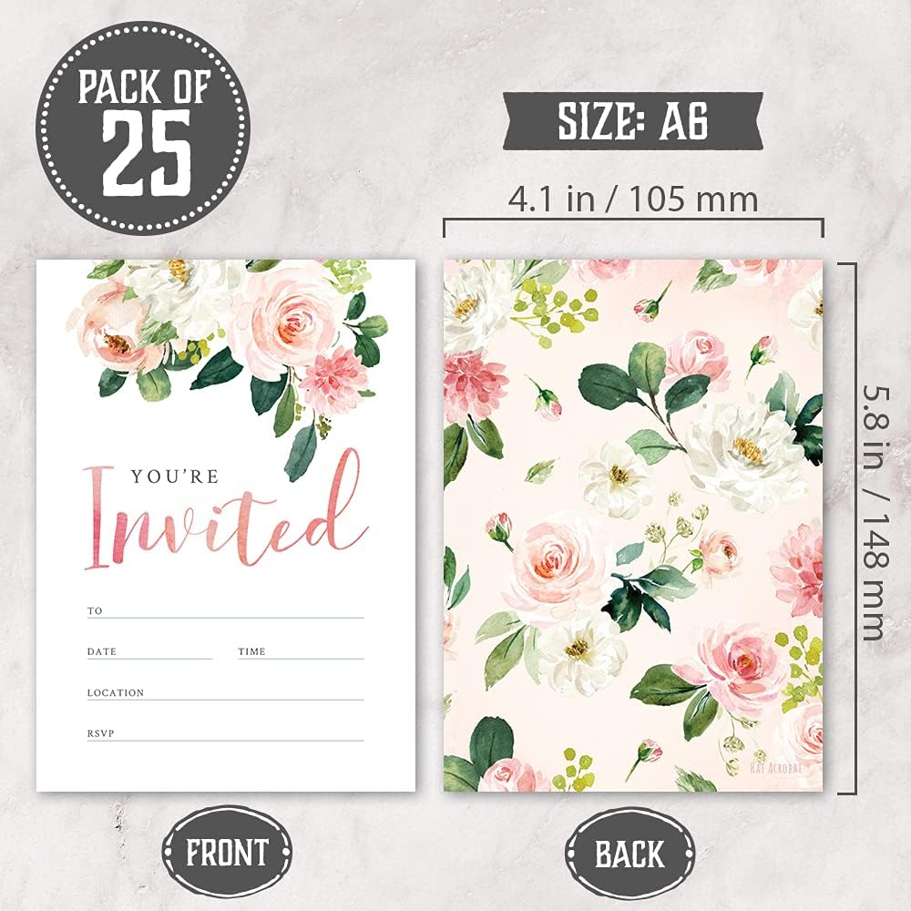 Floral Fill-in Invitations with Envelopes 25 Pack