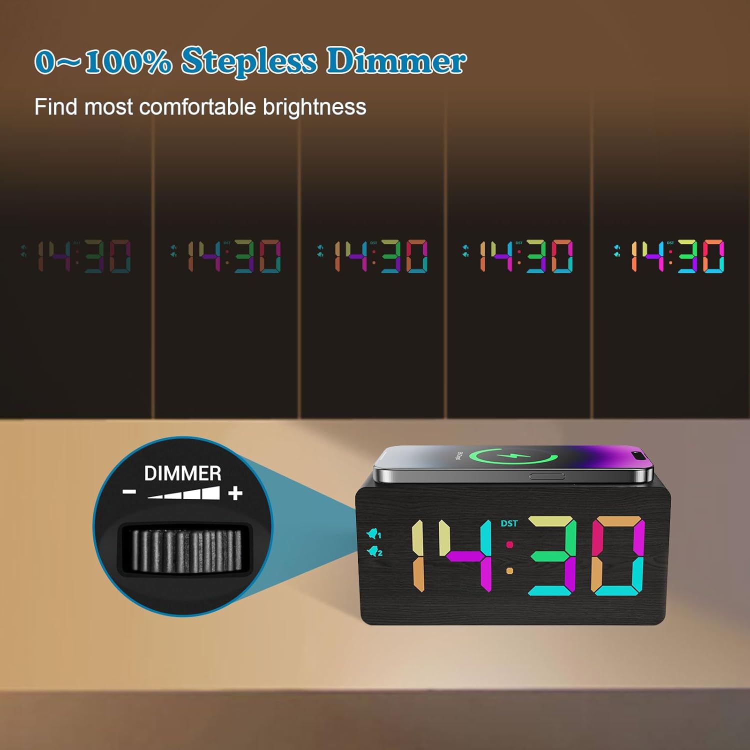 Wooden Digital Alarm Clock with RGB Display and Dual USB Charging Ports