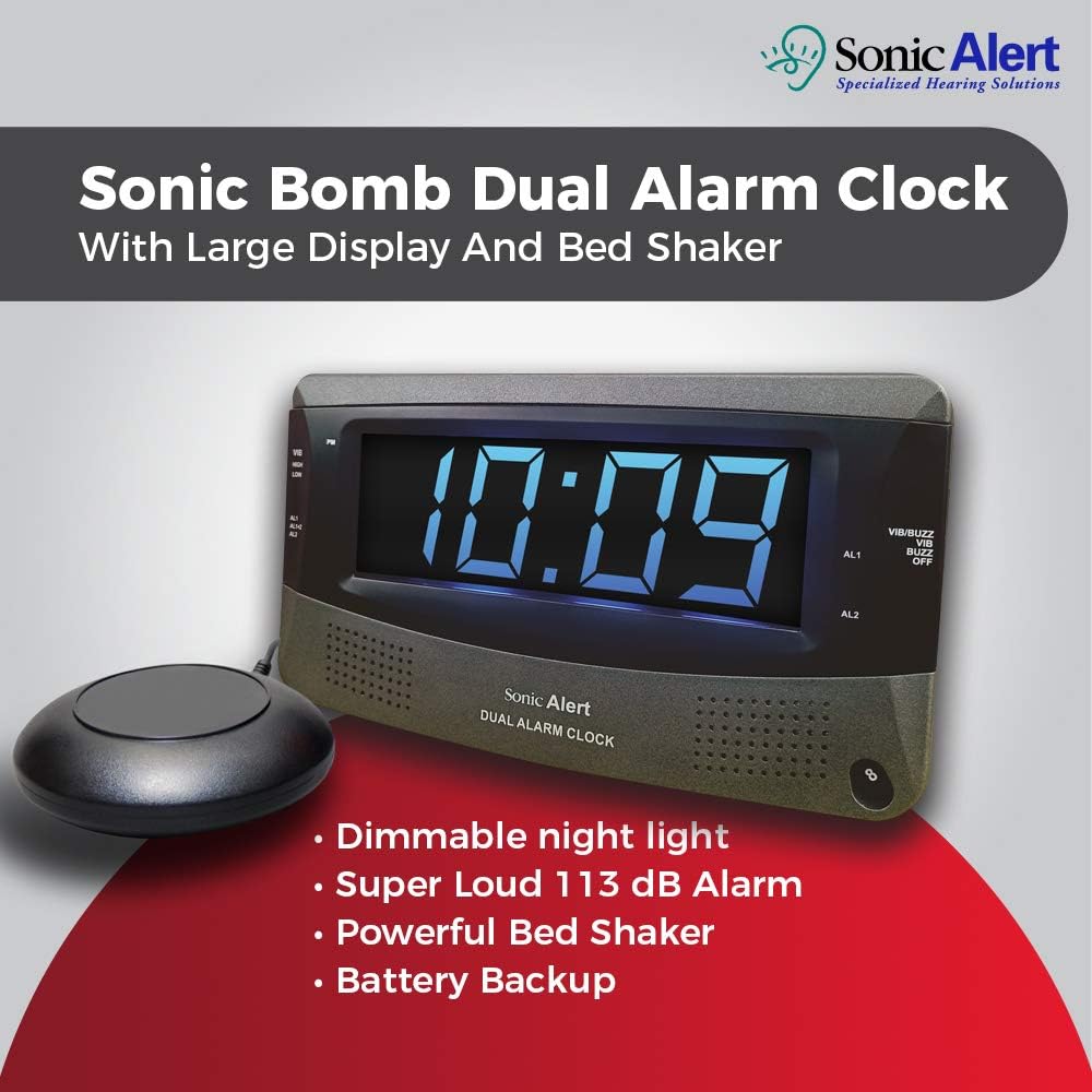 Sonic Alert Dual Extra Loud Alarm Clock with Bed Shaker
