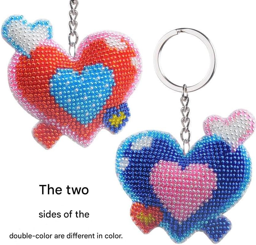 Beaded Heart Keychain for Couples - Red Blue Cross Stitch Charm