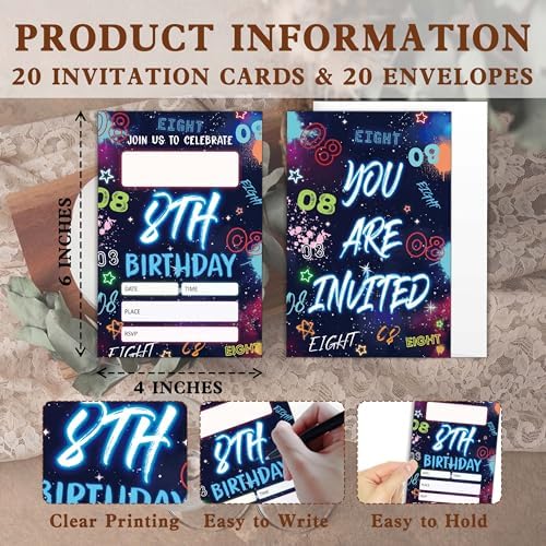 Blue 8th Birthday Invitations with Envelopes