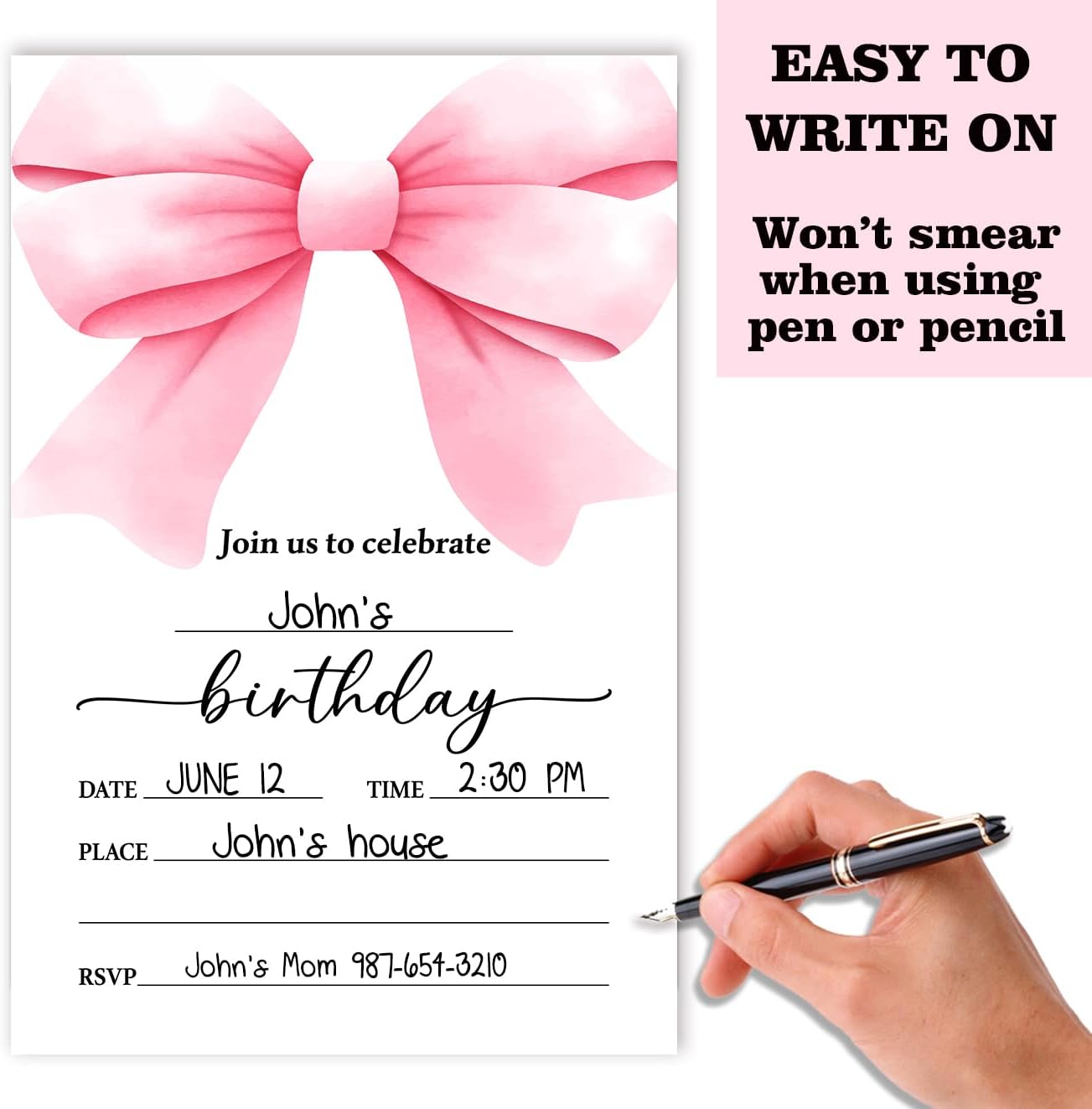 Pink Bow Birthday Invitation Cards for Girls Adults Teens Set 03