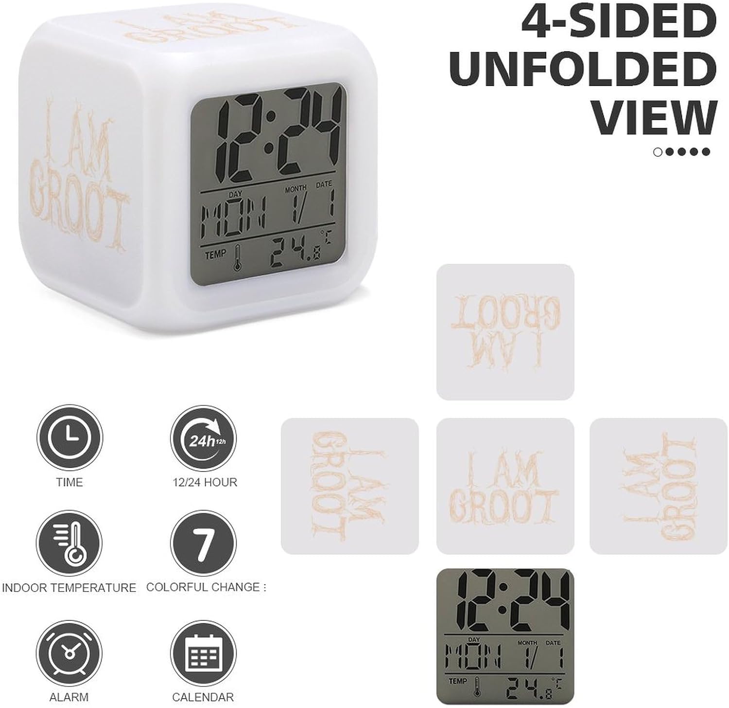 I Am Groot Cube Digital Alarm Clock with Night Light and Thermometer