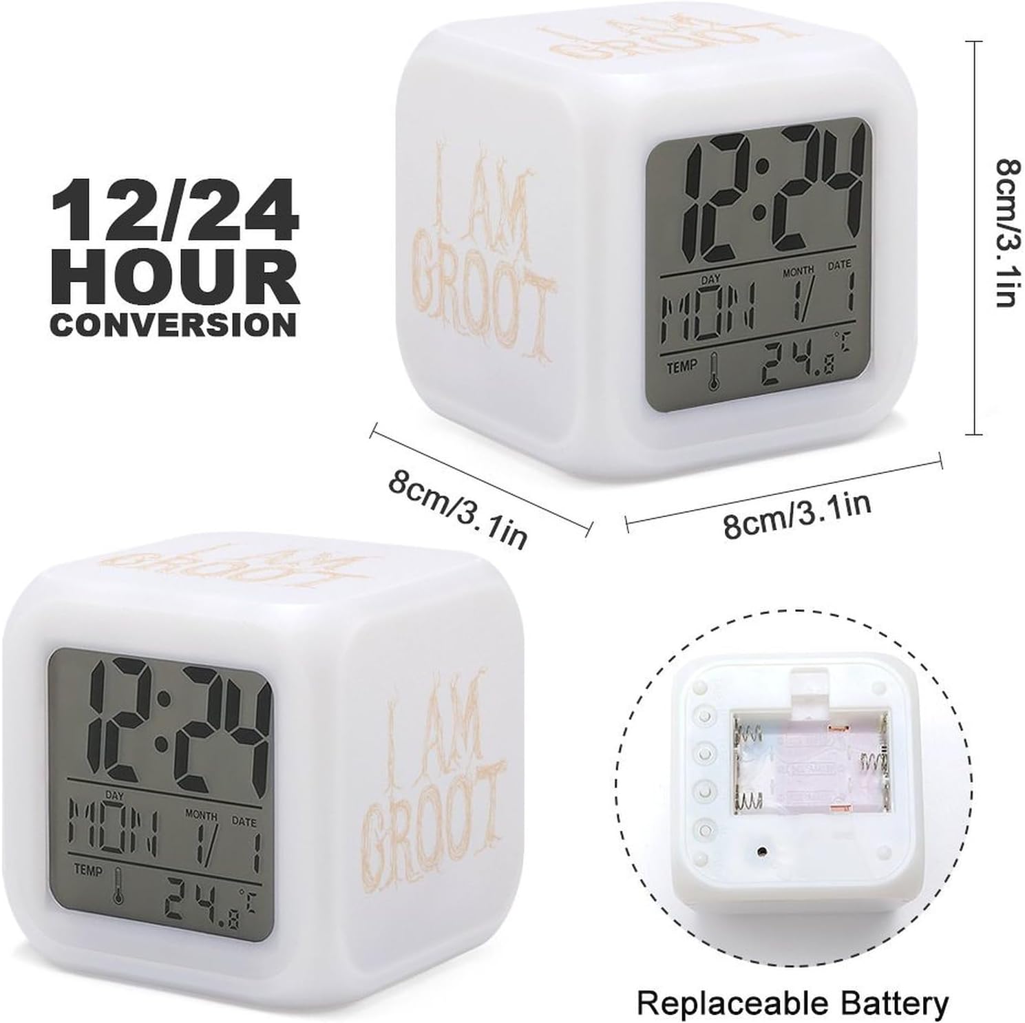 I Am Groot Cube Digital Alarm Clock with Night Light and Thermometer