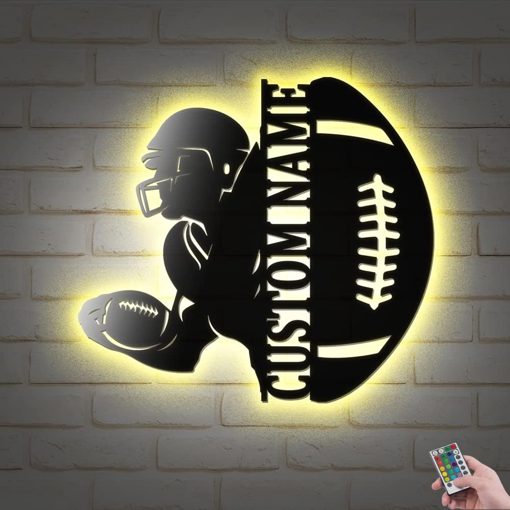 Custom Football Player V1 Metal Wall Art With LED Lights 16x16 Inches