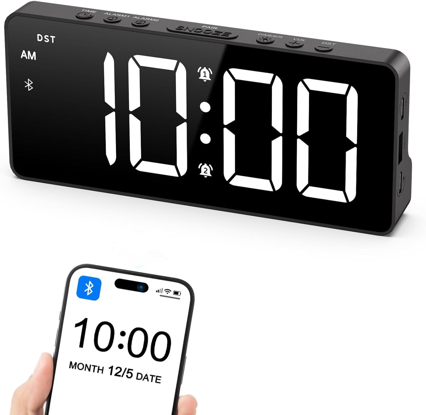 AMIR Alarm Clock for Bedroom with Bluetooth Sync and USB Charging