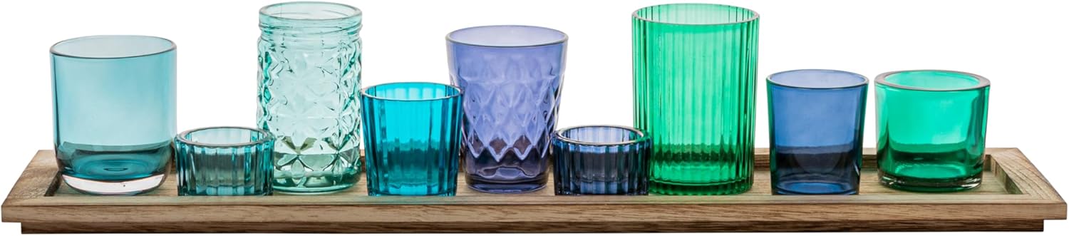 Creative Co Op Wood Tray with 9 Blue and Green Glass Votive Holders
