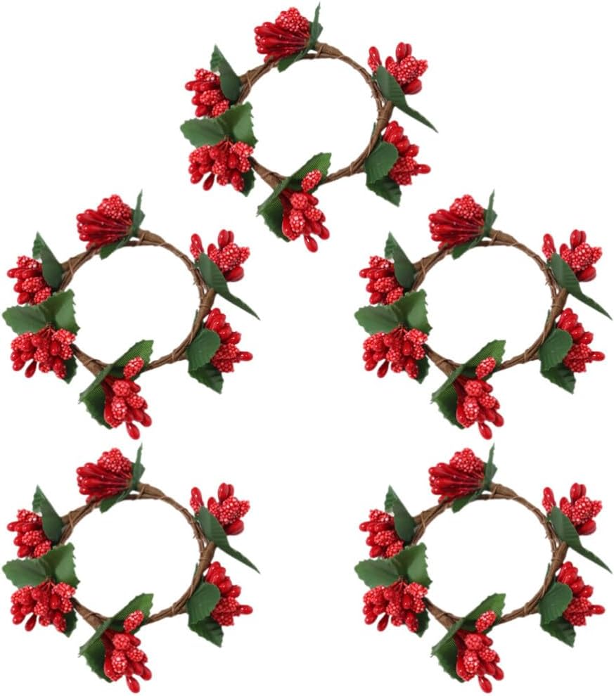 VOSAREA 5pcs Christmas Candle Holders with Pine Berry Wreath Design