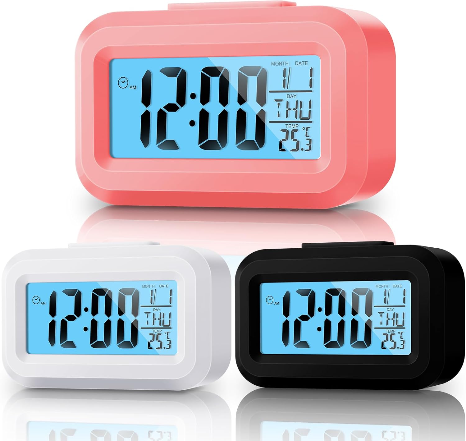 Highergo 3 Pack Digital Alarm Clocks with Night Light and Temperature Display