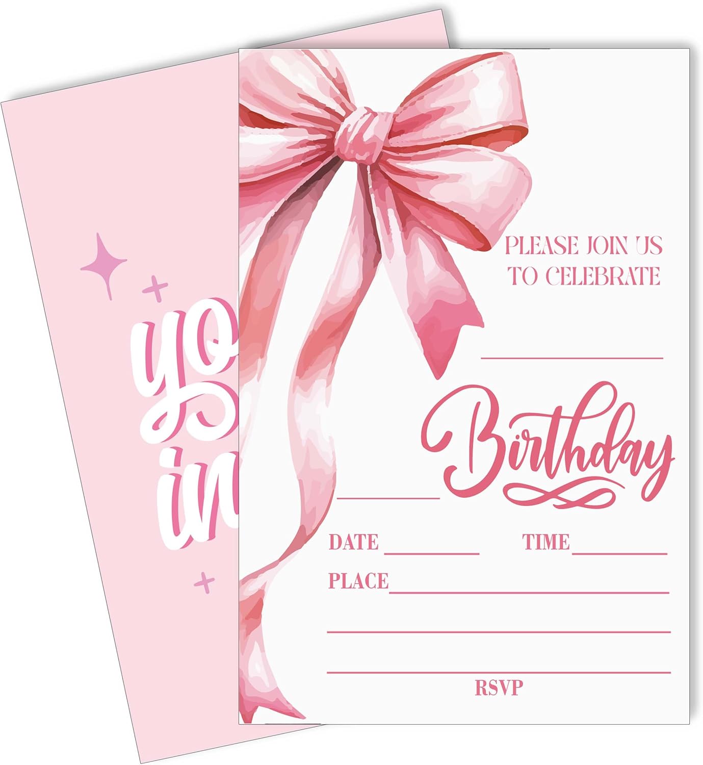 Pink Bow Birthday Party Invitation Cards 20pcs with Envelopes